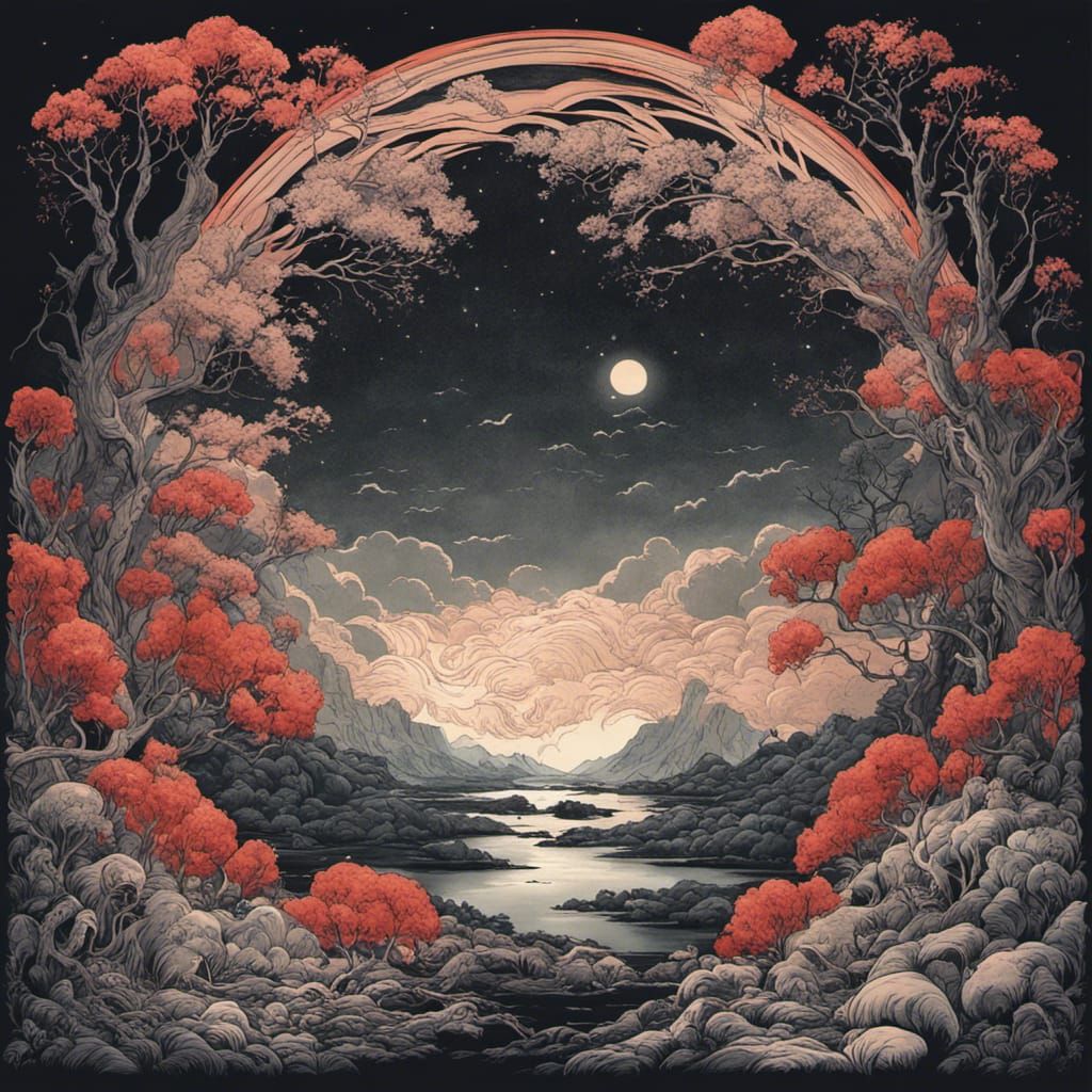 Magic Sea Cherry Blossoms in Surreal Gothic Style