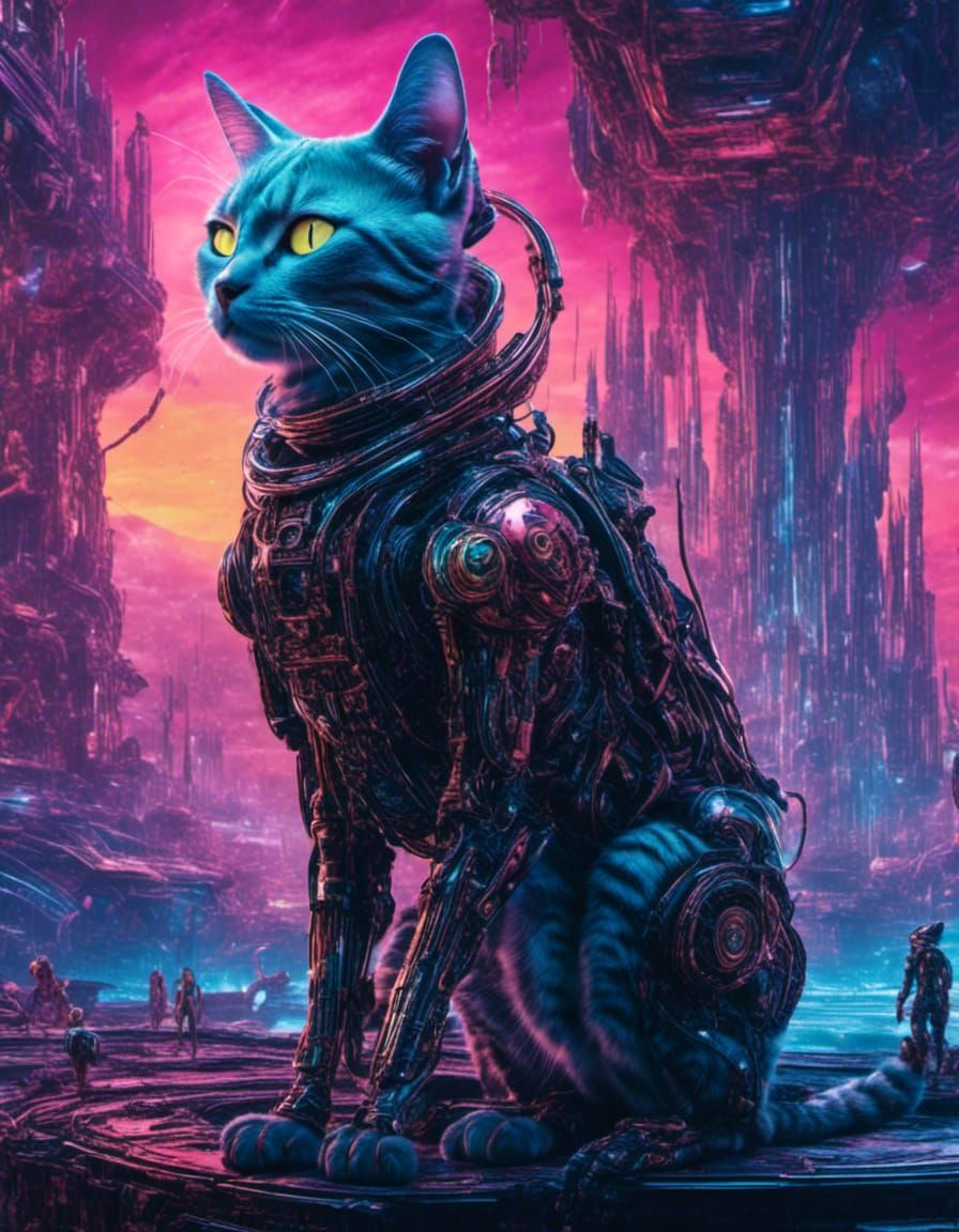 Biopunk Cat Warriors in Vibrant Landscape