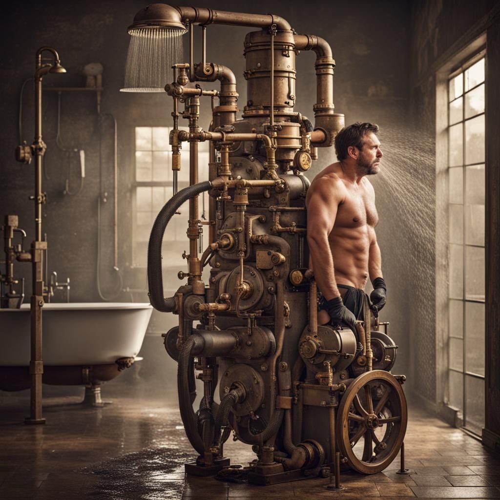 Steampunk Shower Scene with Man and Engine