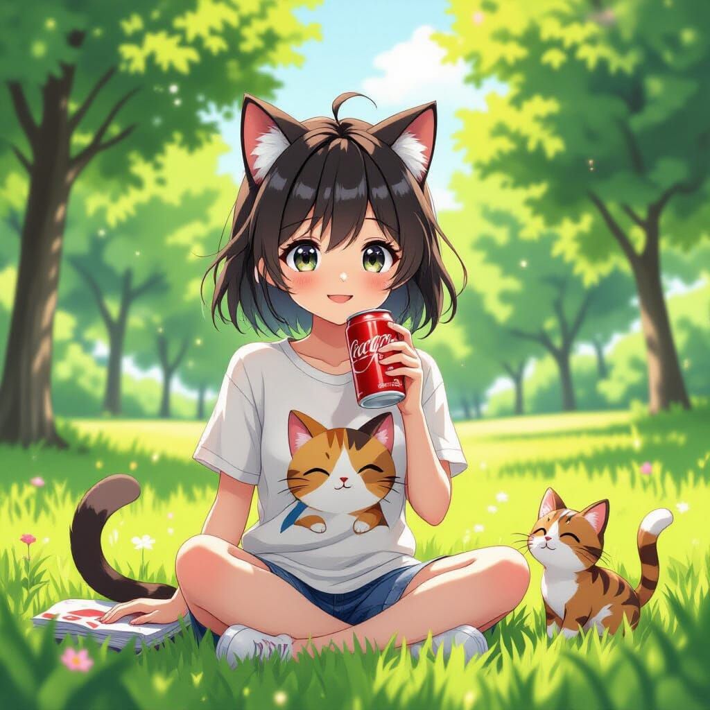 Anime Girl with Cat Features in Lush Park