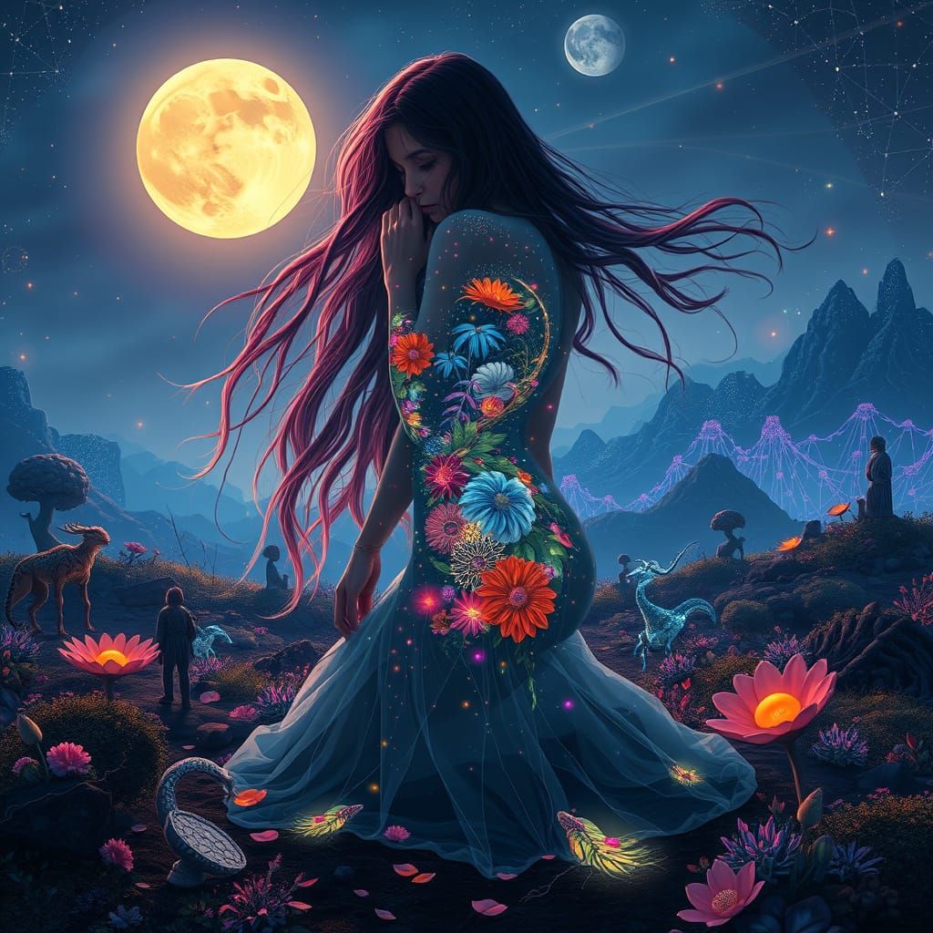 Mystical Woman Connects Dreamscapes in Vibrant, Ethereal Lan...