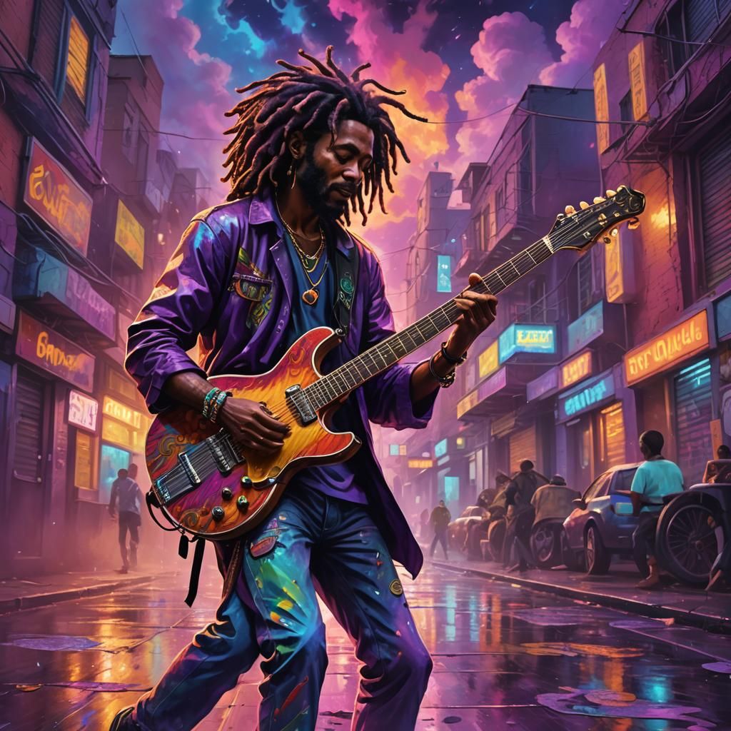 Psychedelic Reggae Musician in Vibrant City, Fantasy Art