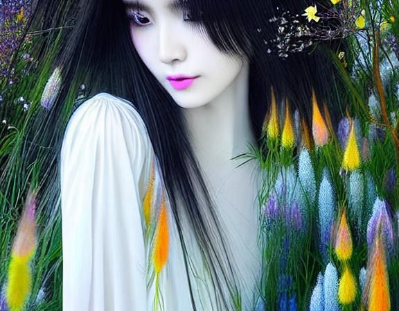 Luminescent Woman in Lupinus Flower Universe