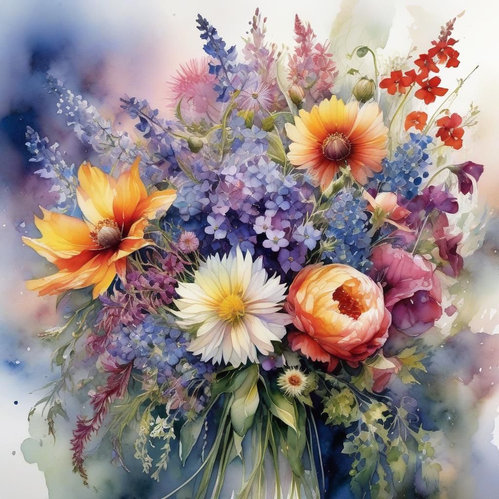 Dramatic Wildflower Bouquet in Watercolor Style