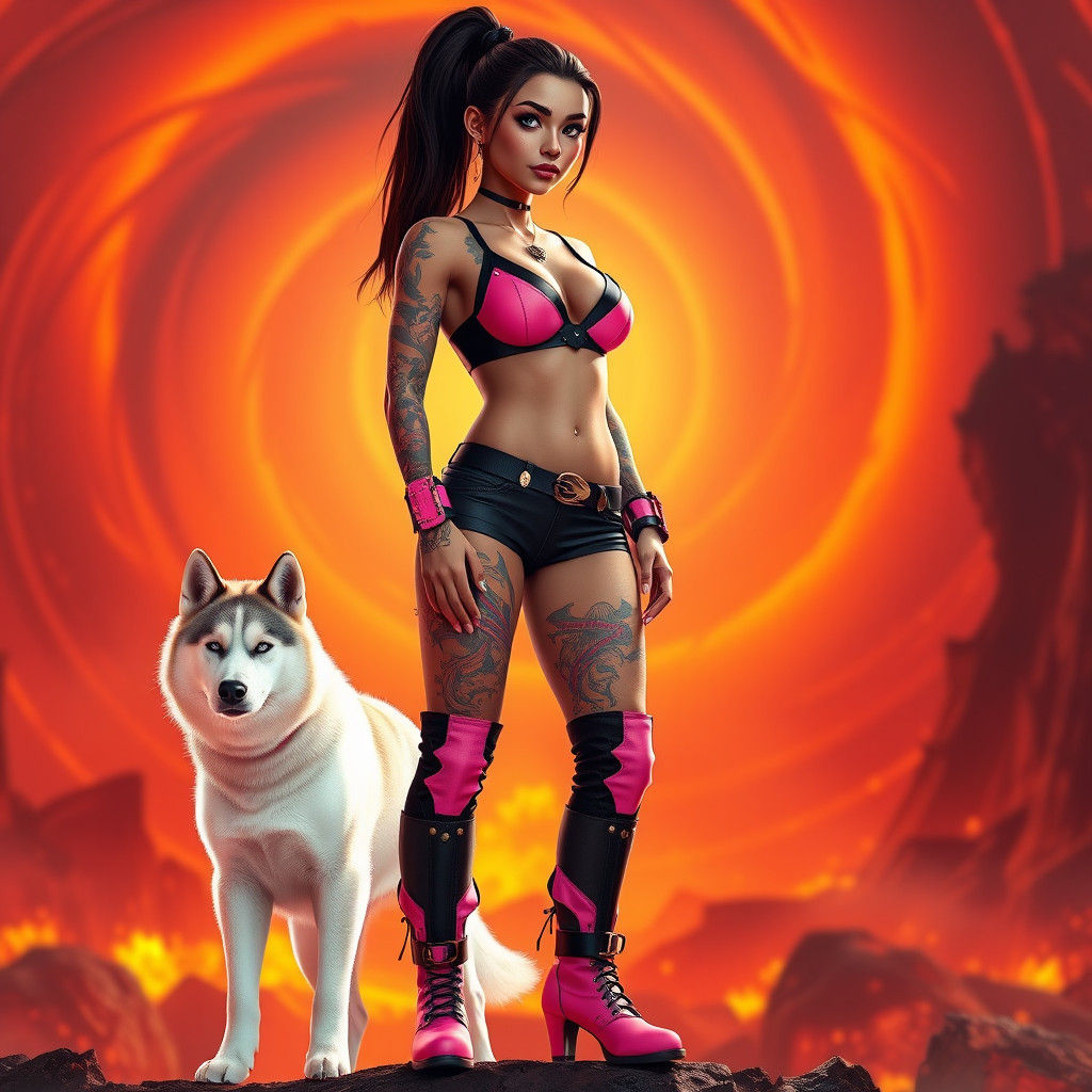 Woman with Husky in Hellish Digital Art