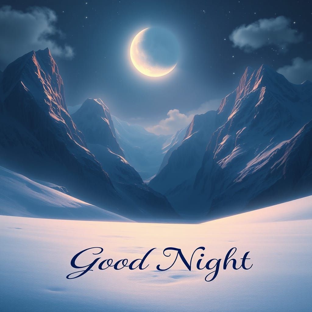 Enchanted Moonlit Landscape with 'Good Night' Written in Sno...