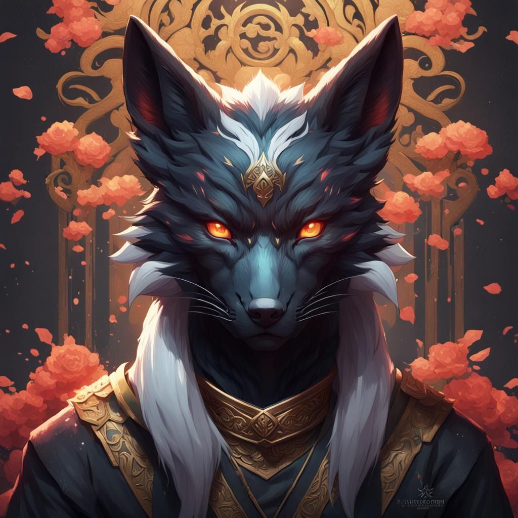 Dramatic Black Kitsune Portrait in Hyperdetailed Style