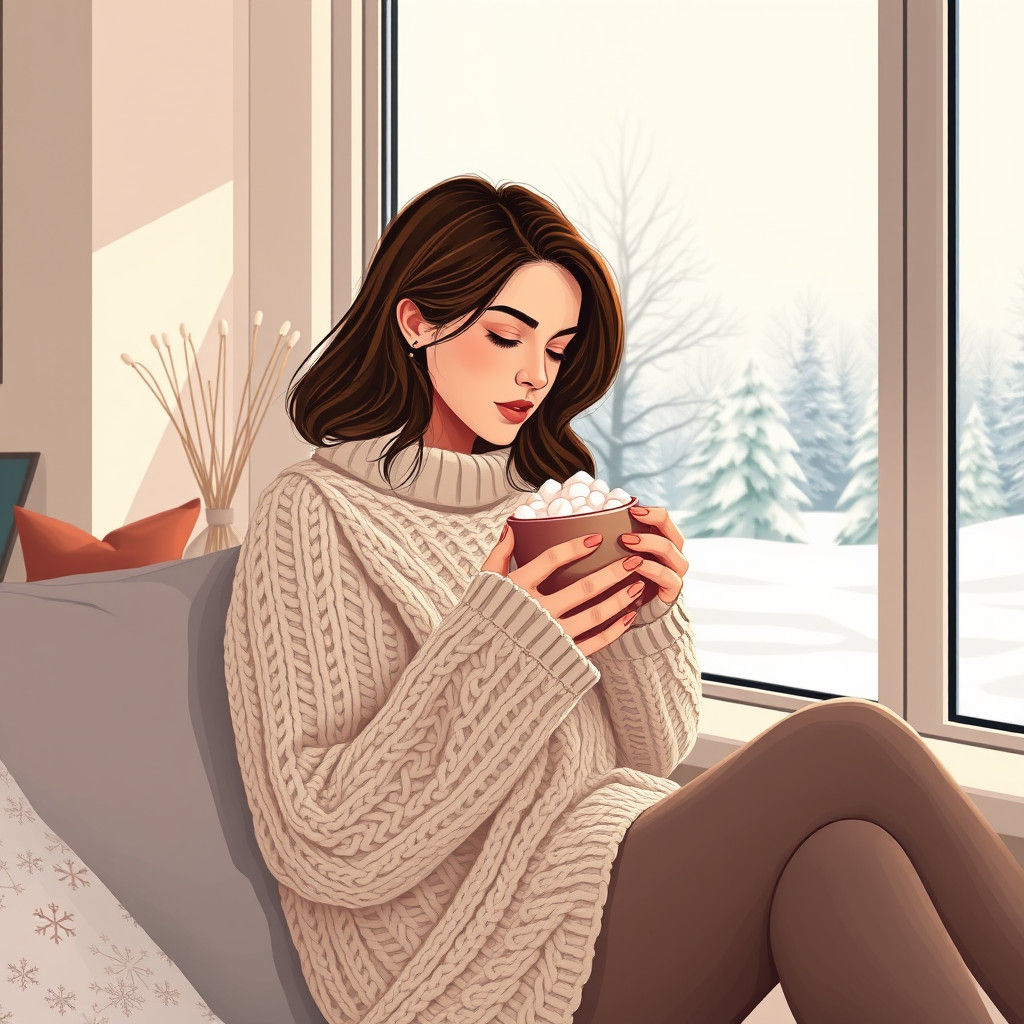 Cozy Woman Sipping Hot Chocolate in Winter Landscape