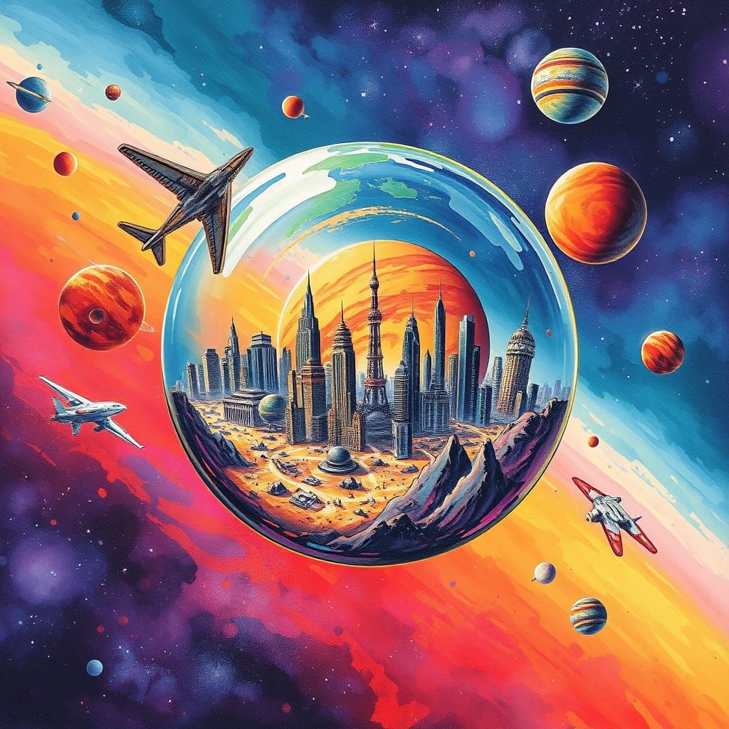 A flying orb carrying a metropolis inside it,  near to Mars.