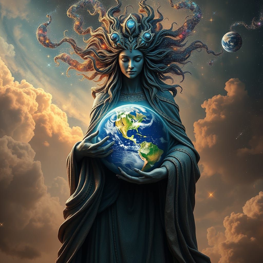 Earth Goddess Cradling Planet in Cosmic Photography
