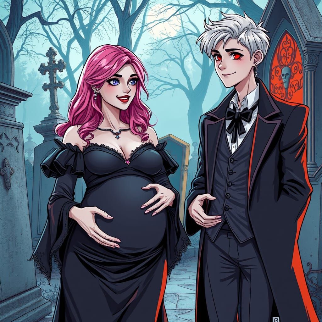 Gothic Expectant Couple Stroll Through the Cemetery in Black...