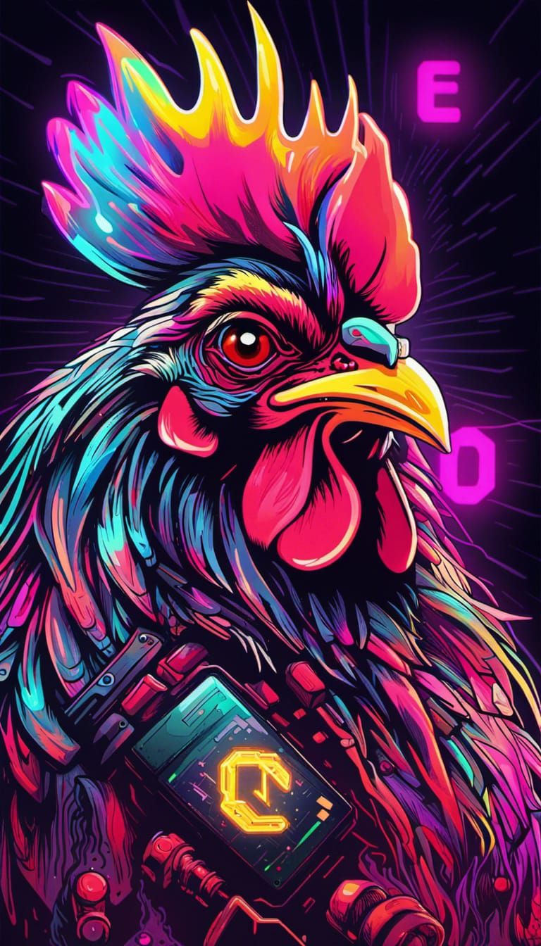Biopunk Rooster: Cyber Hacker in Neon Glow