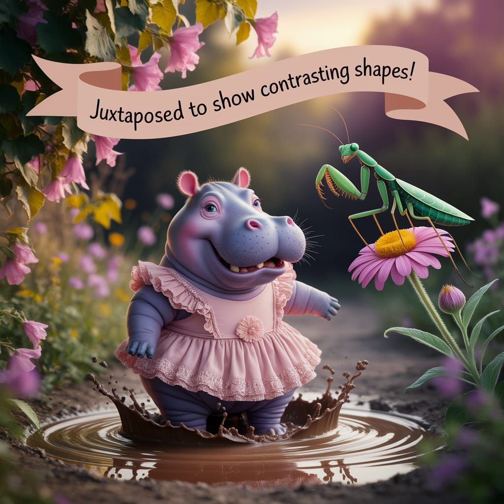 Jovial Hippo and Praying Mantis Juxtaposition