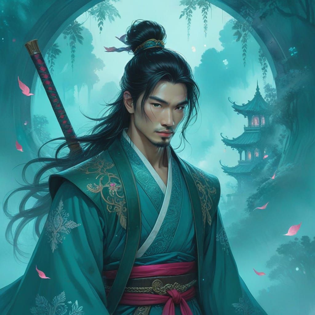 Handsome Asian Adventurer Teal Portrait in Dreamy Fantasy Re...