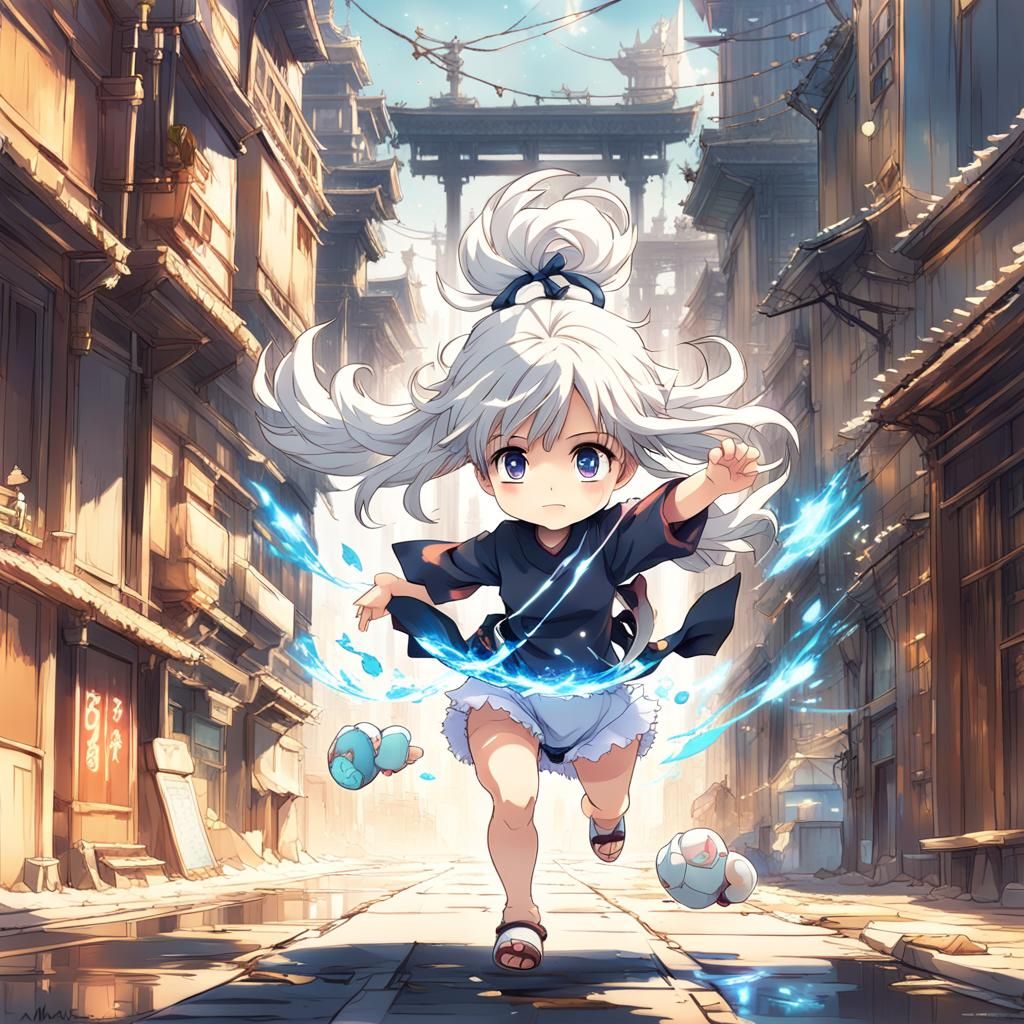 Chibi Anime Girl Jumping in Studio Ghibli Style