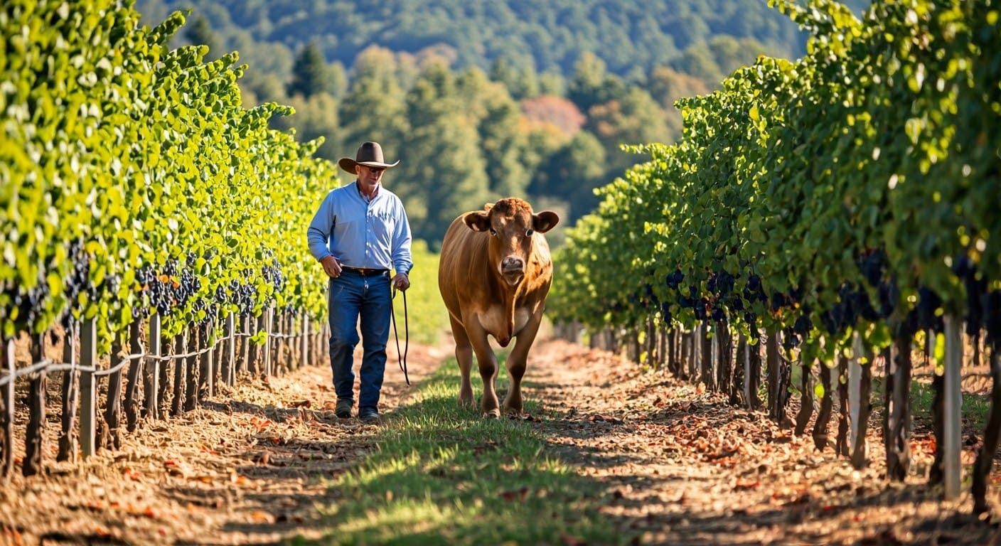 Cowboy Guides Cow Through Vineyard