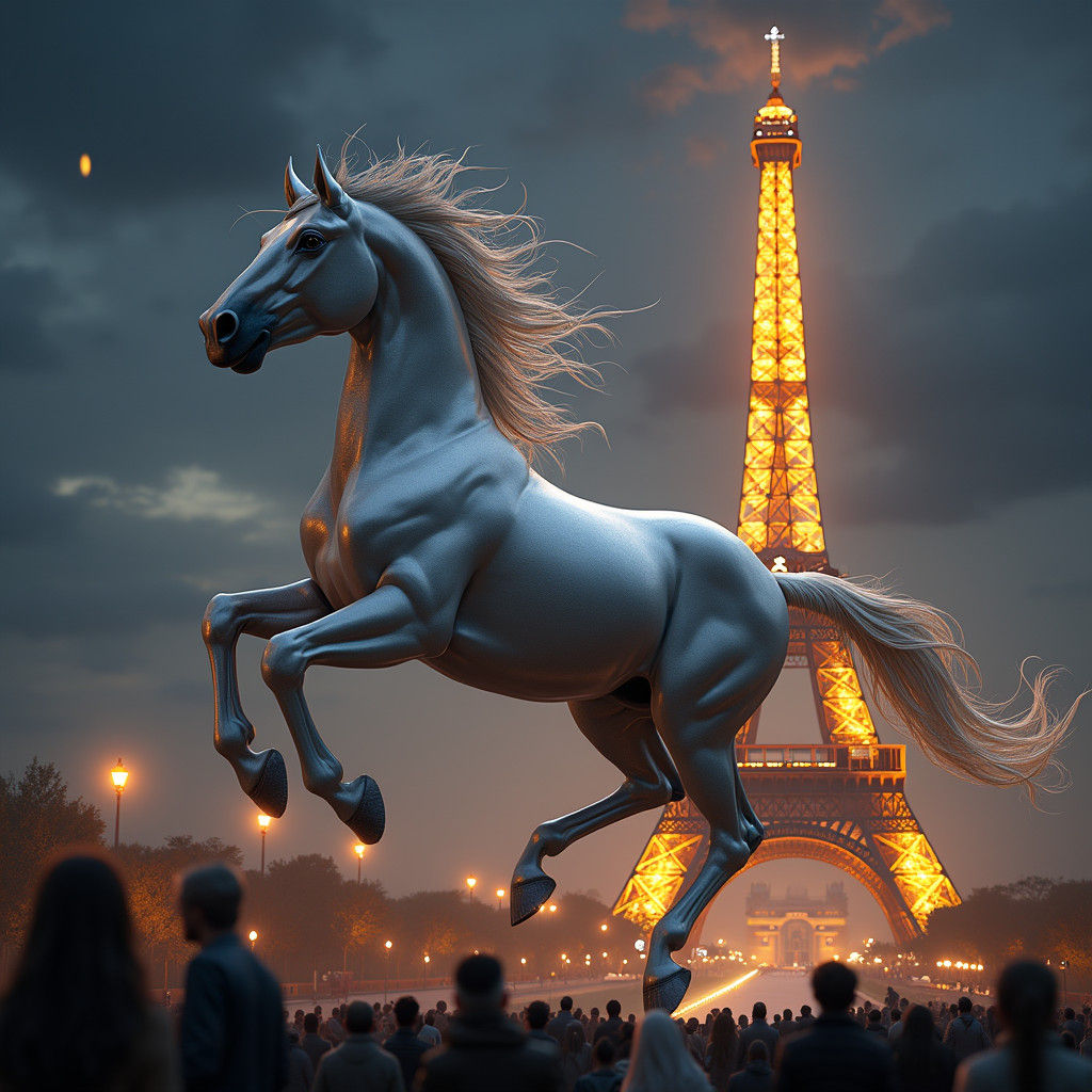 Silver Horse Jumps Sparkling Eiffel Tower at Night
