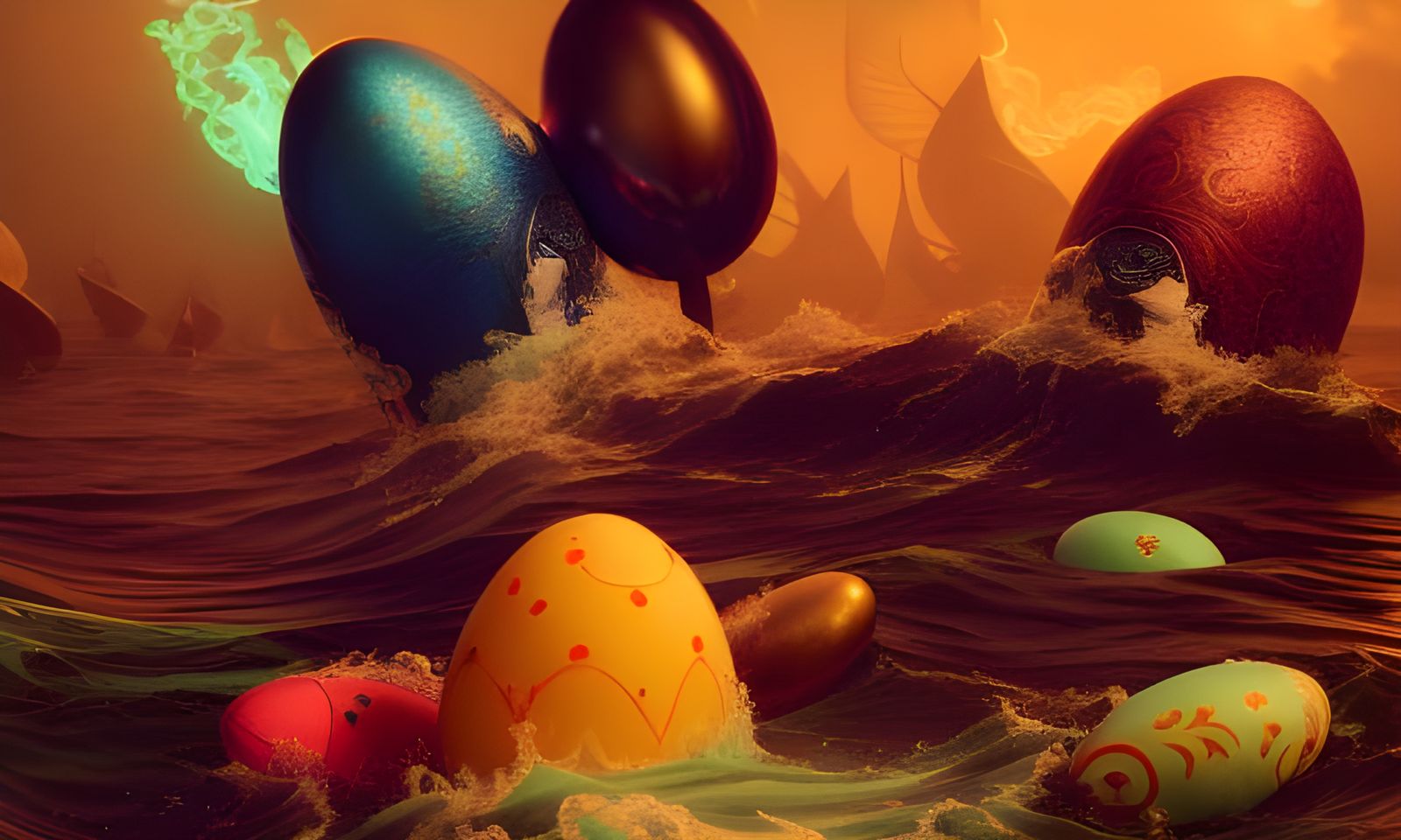 Ornate Easter Eggs Tossed on Raging Ocean Waves