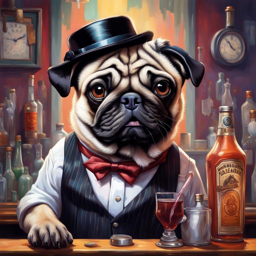 Hyperrealistic Pug Bartender in Splash Art Style