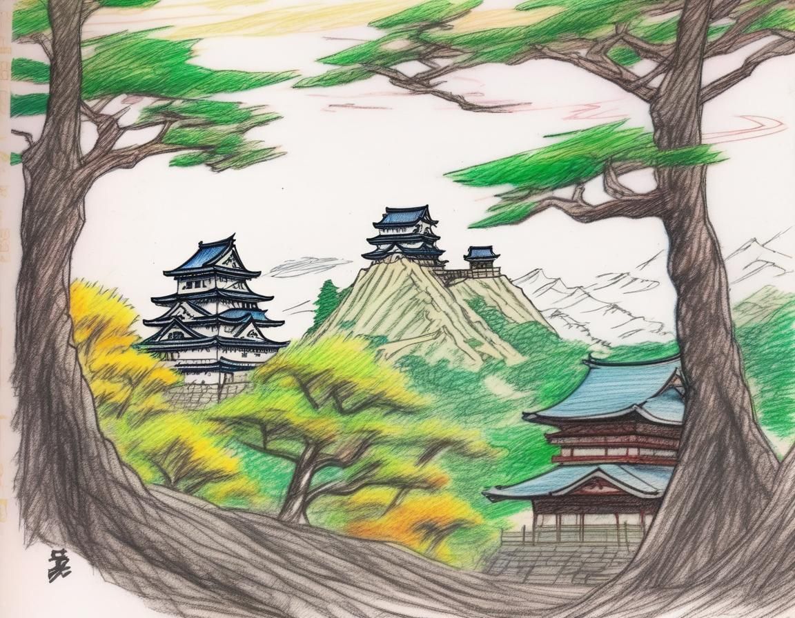 Japanese Castle with Samurai and Ninja in Pencil Sketch