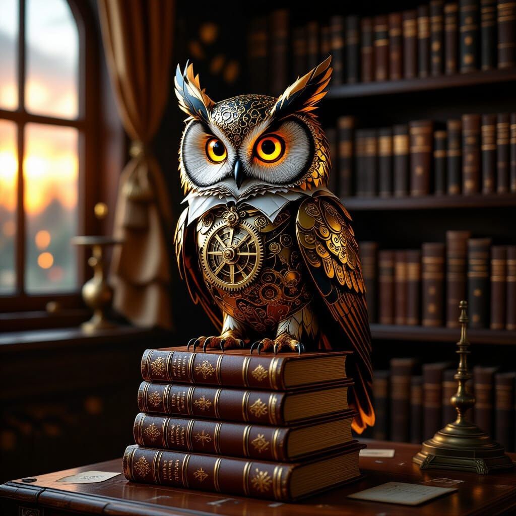 Clockwork Owl on Books in Golden Sunset Light