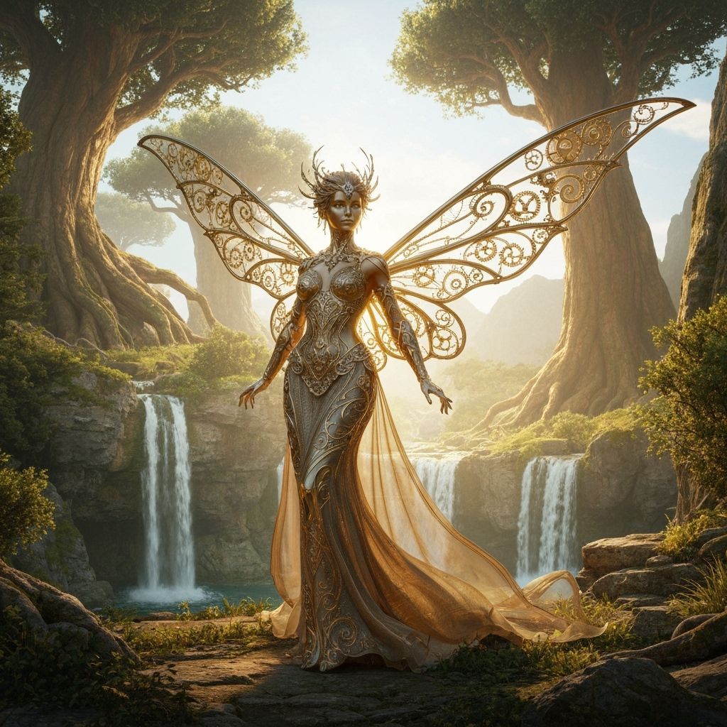 Ornate Clockwork Fairy in Greek Myth Landscape