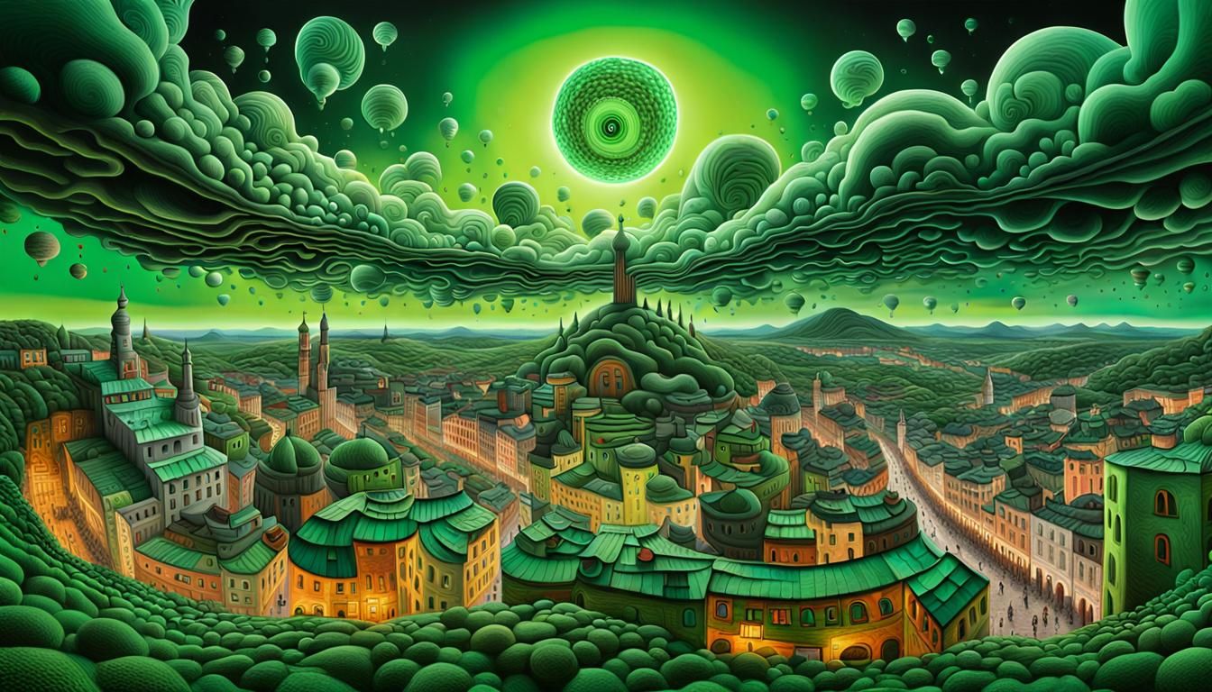 Surreal Green Virus Dreamscape in Hundertwasser Style