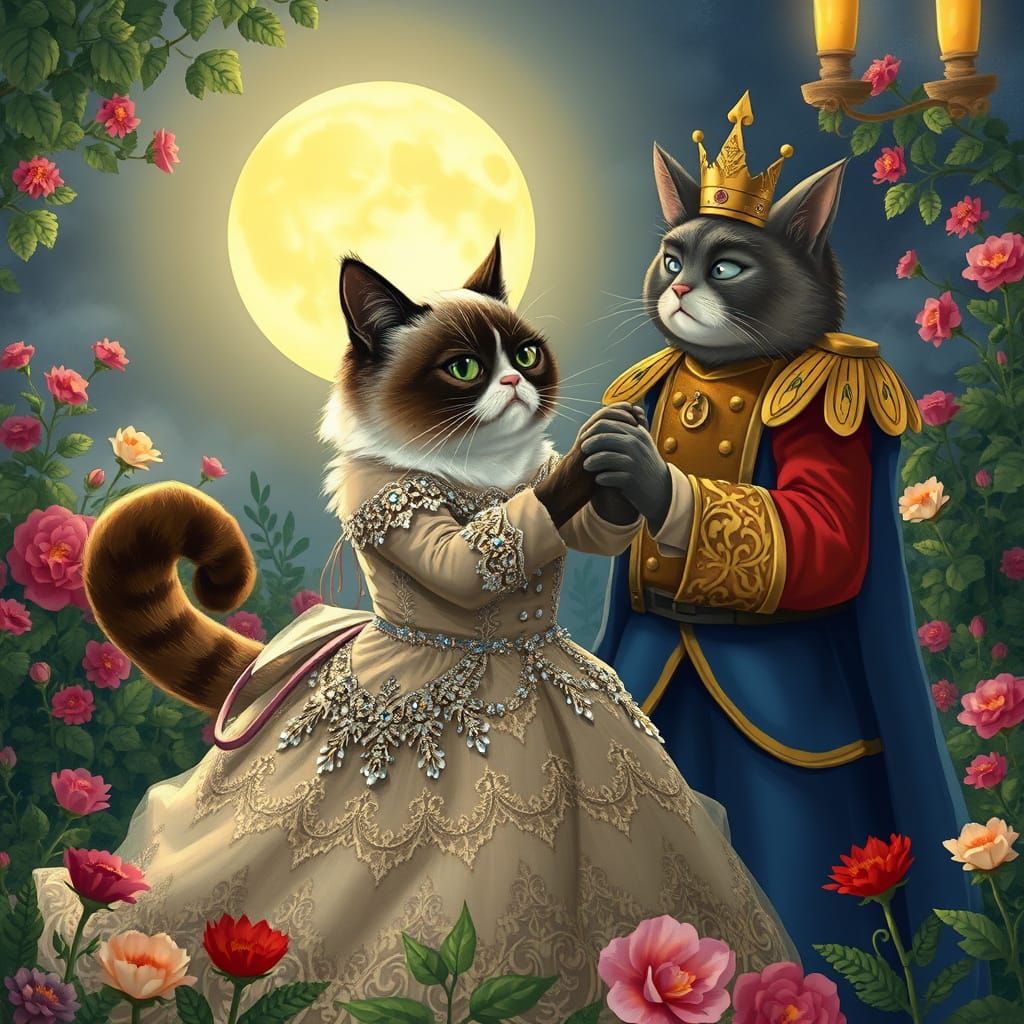 Whimsical Cat Prince Romance in Moonlit Garden