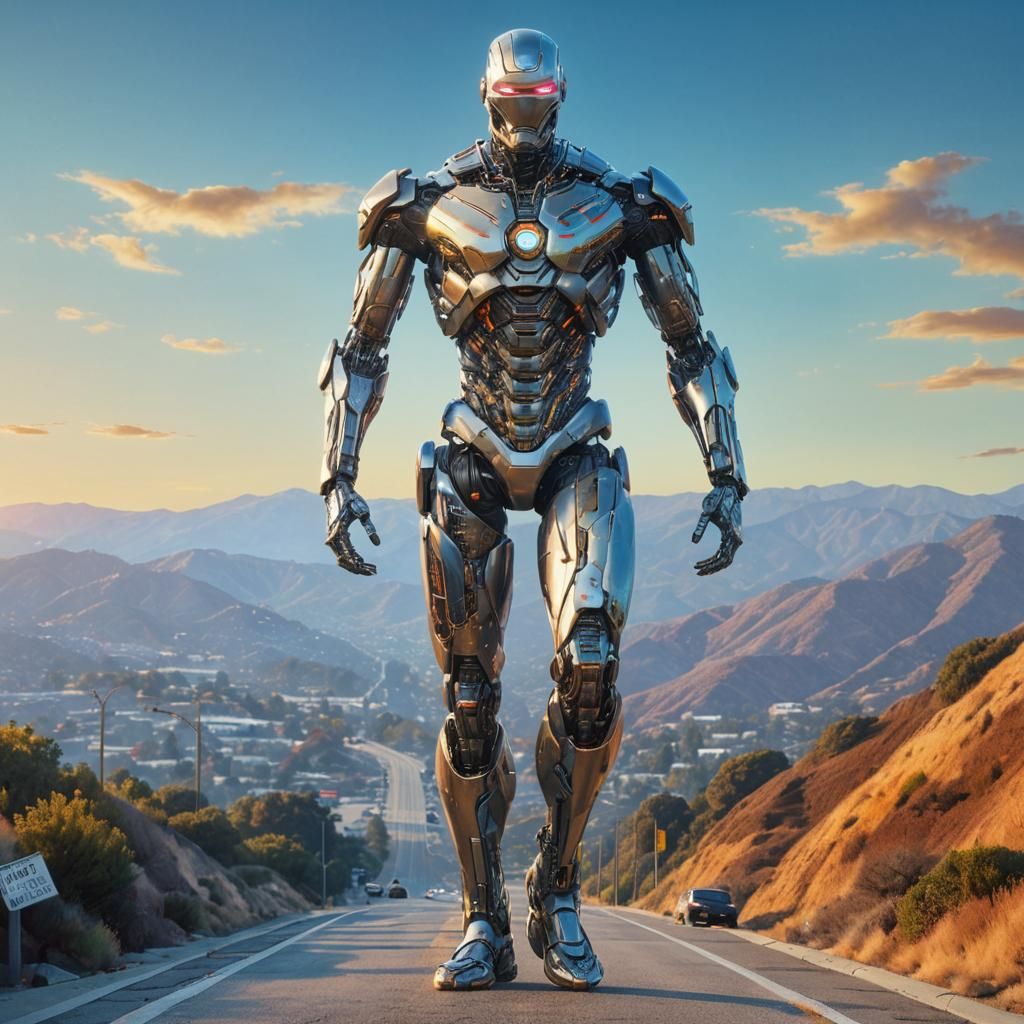 Cyborg on Mulholland Drive in Photorealistic Style