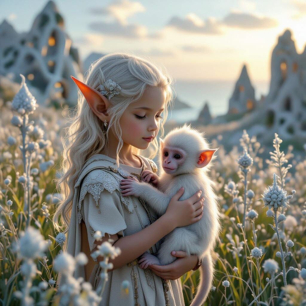 Elven Child with Monkey in Surreal Sculpture Garden