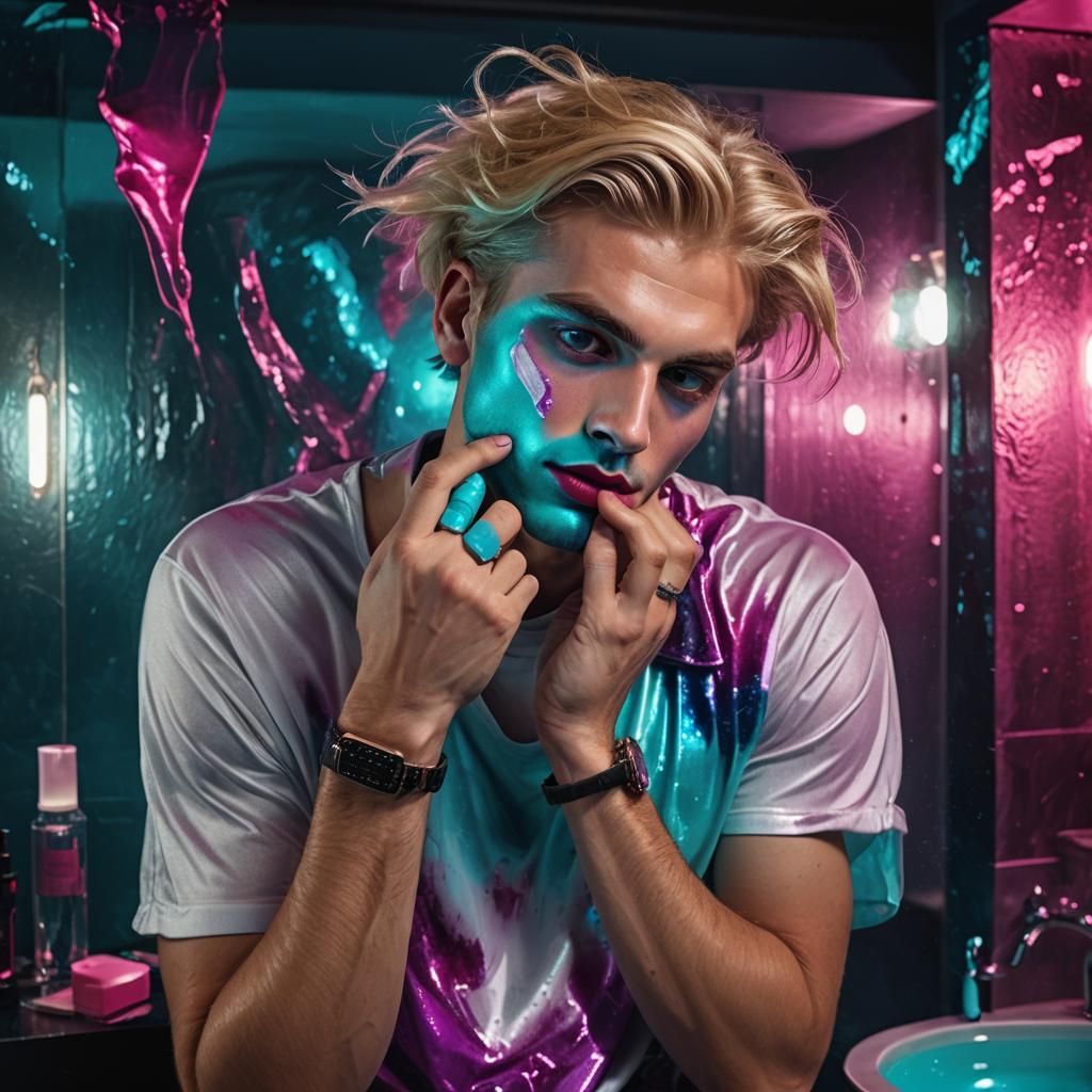 Handsome Blond Guy Applying Makeup: Hyper-Realistic Digital ...