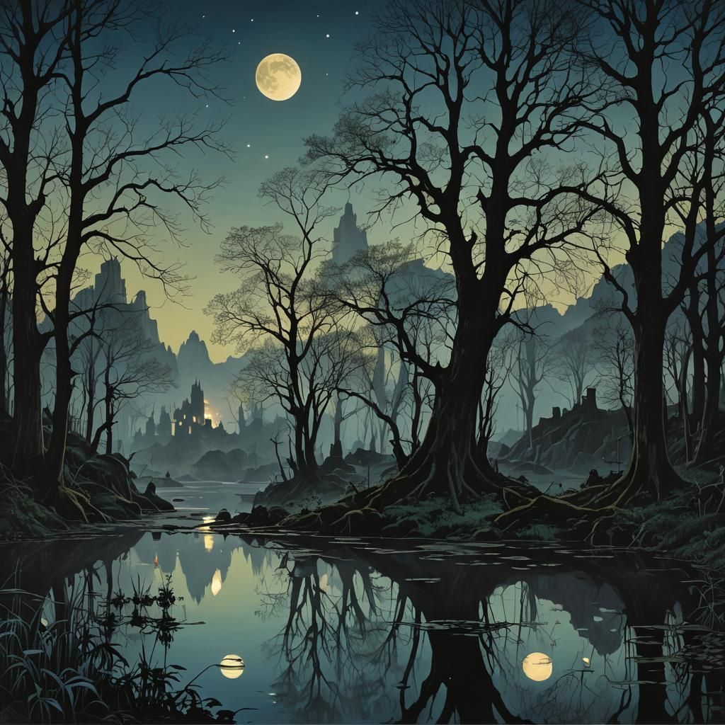 Moonlit Trees Reflected: A Fantasy Matte Painting