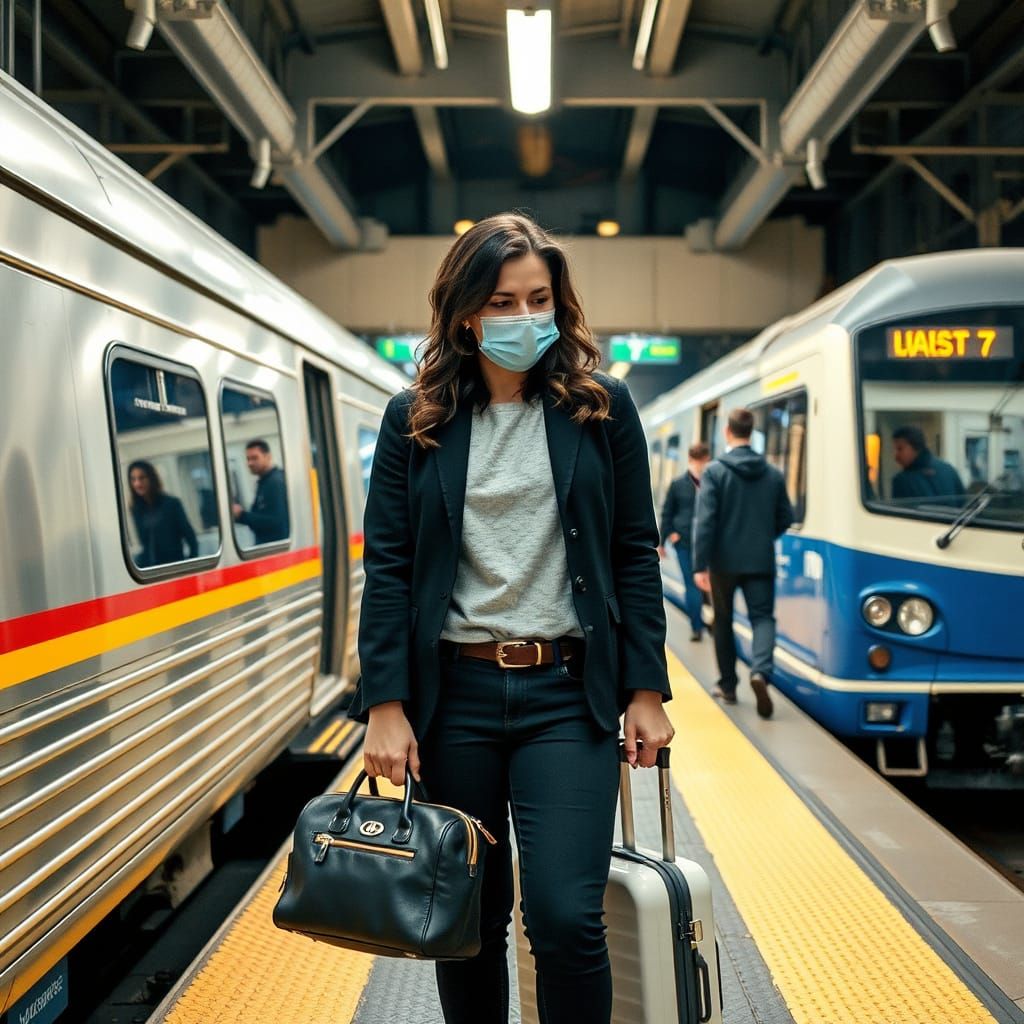 Woman with Luggage on Industrial Train Platform