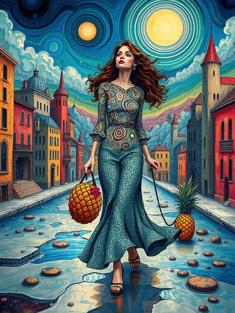 A woman taking her pet pineapple for a walk through a surrea...