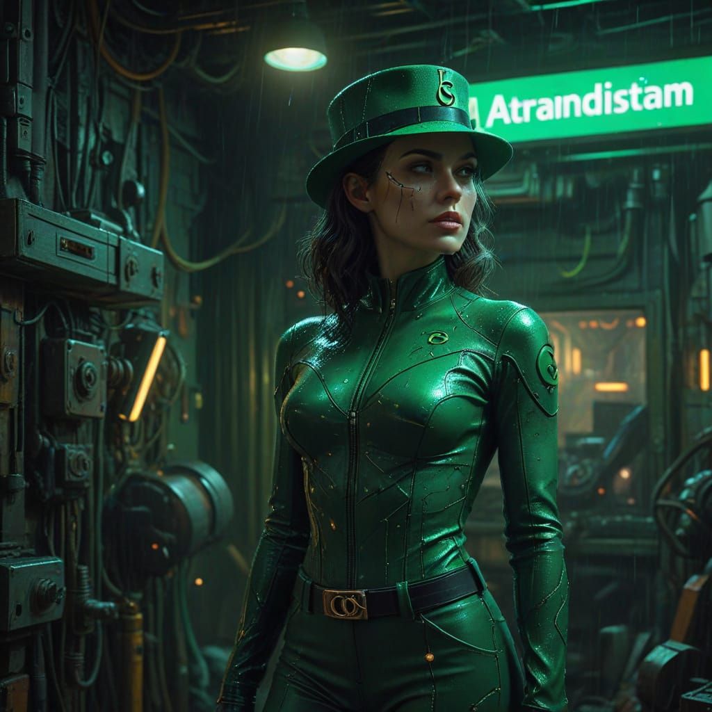 Cunning Female Riddler in Dark, Moody Dystopian Scene