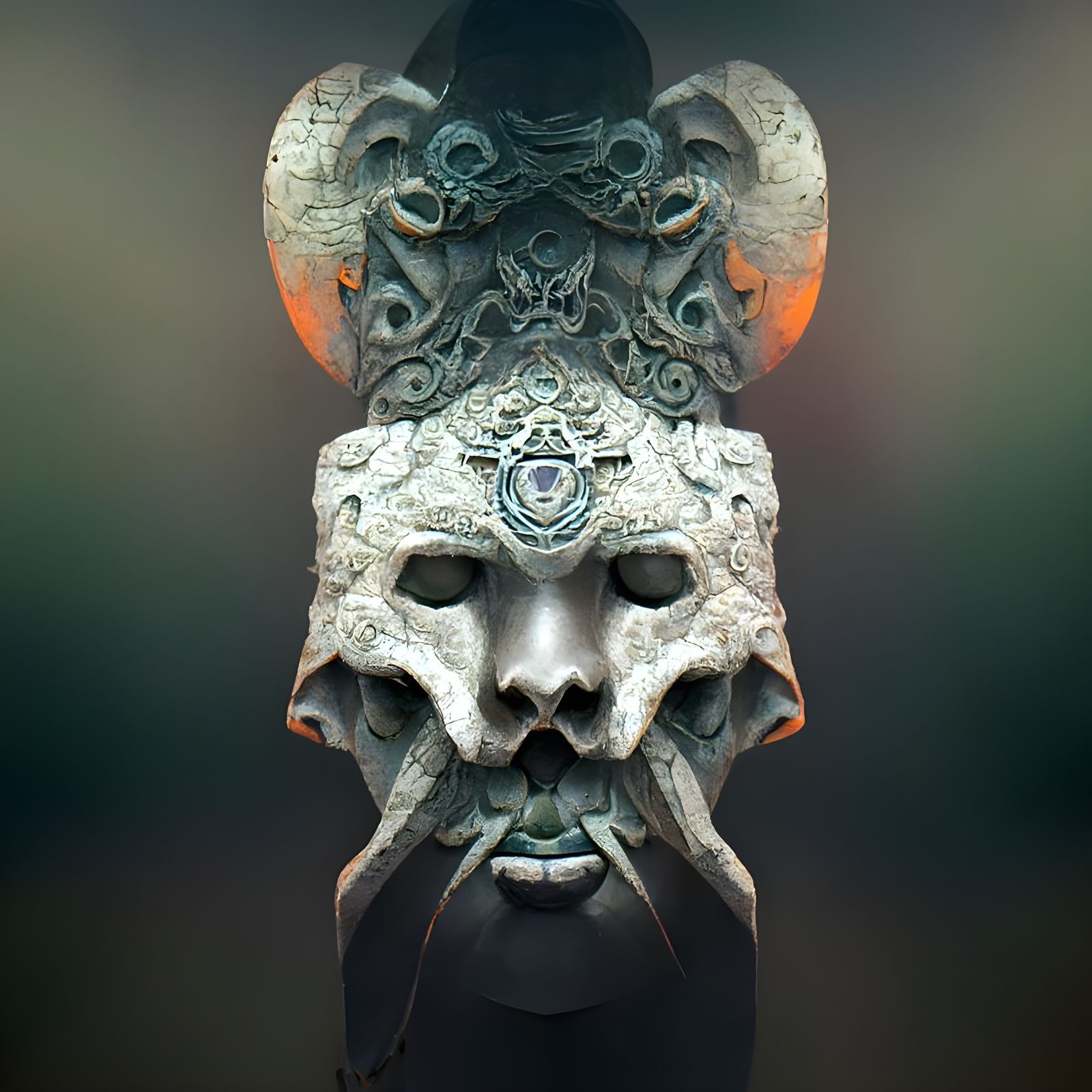 Ornate Stone Demon Mask Inspired by Asian Folklore