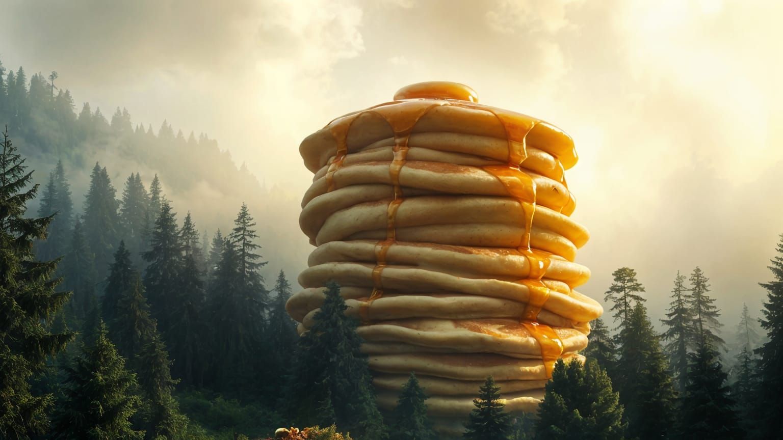 Oversized Pancakes Waterfall in Forest, Vintage Photography