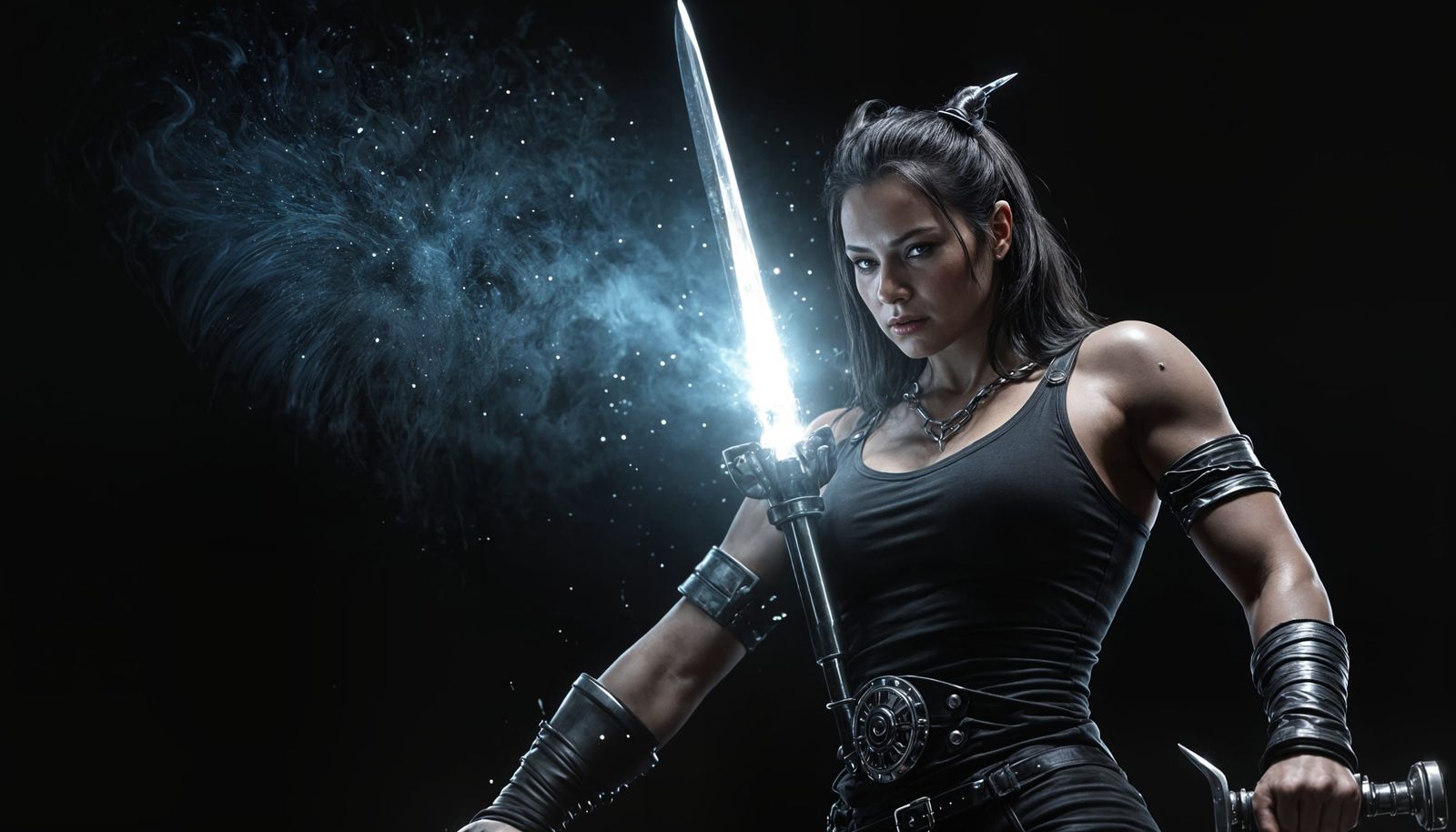 Furiosa-like Warrior Holding Sparkling Blade in Darkness