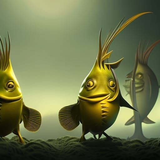 Anthropomorphic Fish Ride a Bus in Dark Fantasy Art