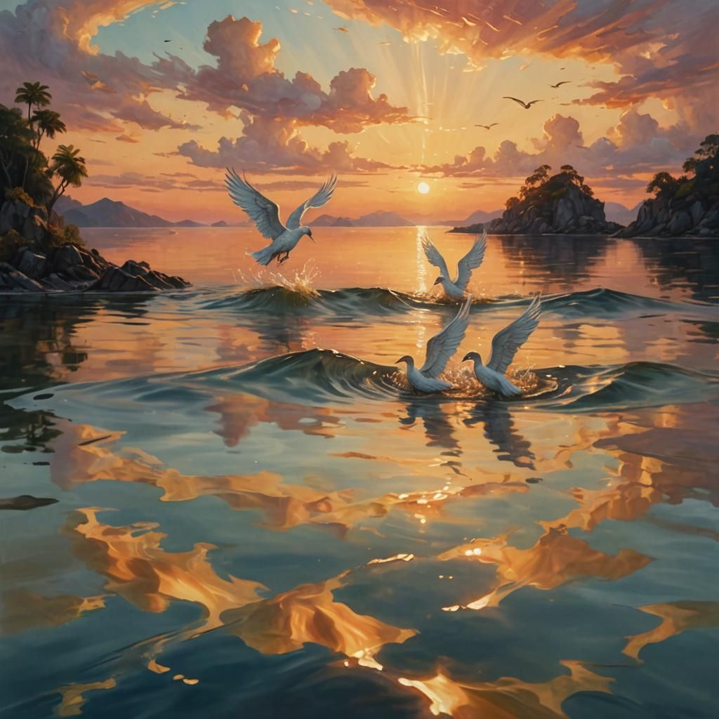 Angels Rising: A Surreal Oil Painting at Sunset