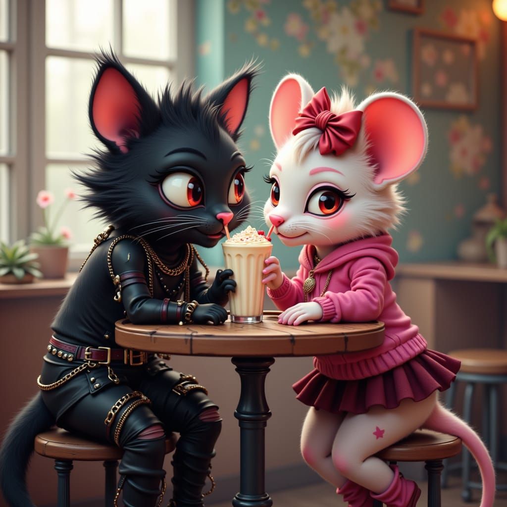 Goth Cat and Preppy Mouse Share Milkshake