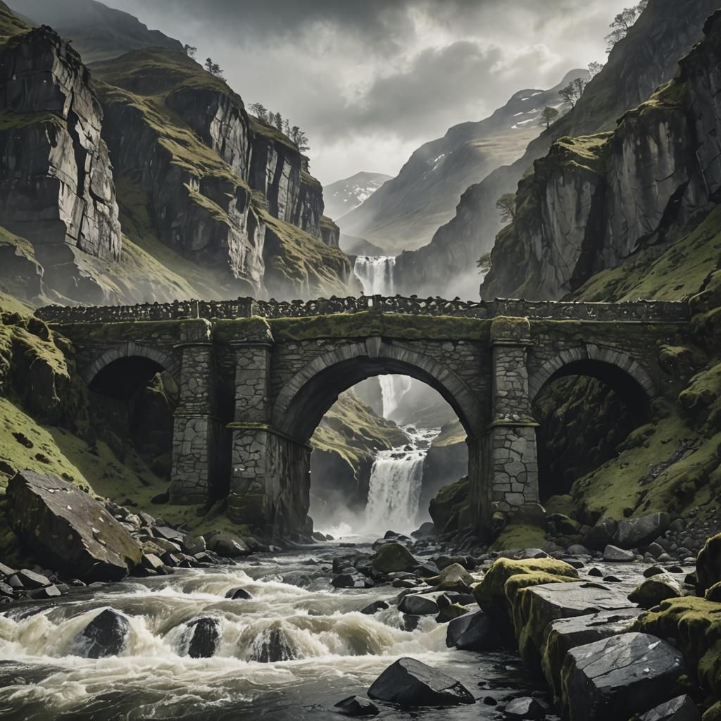 Ancient Bridge Spans Violent River in Charcoal Drawing