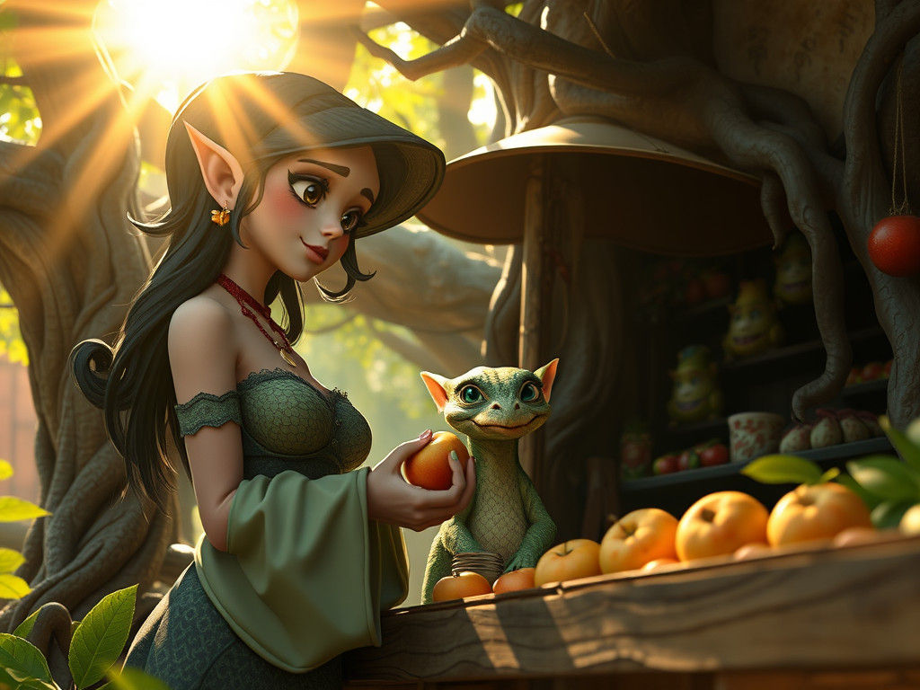 Kawaii Witch Selling Apples to Dragonborn, Pixar Style