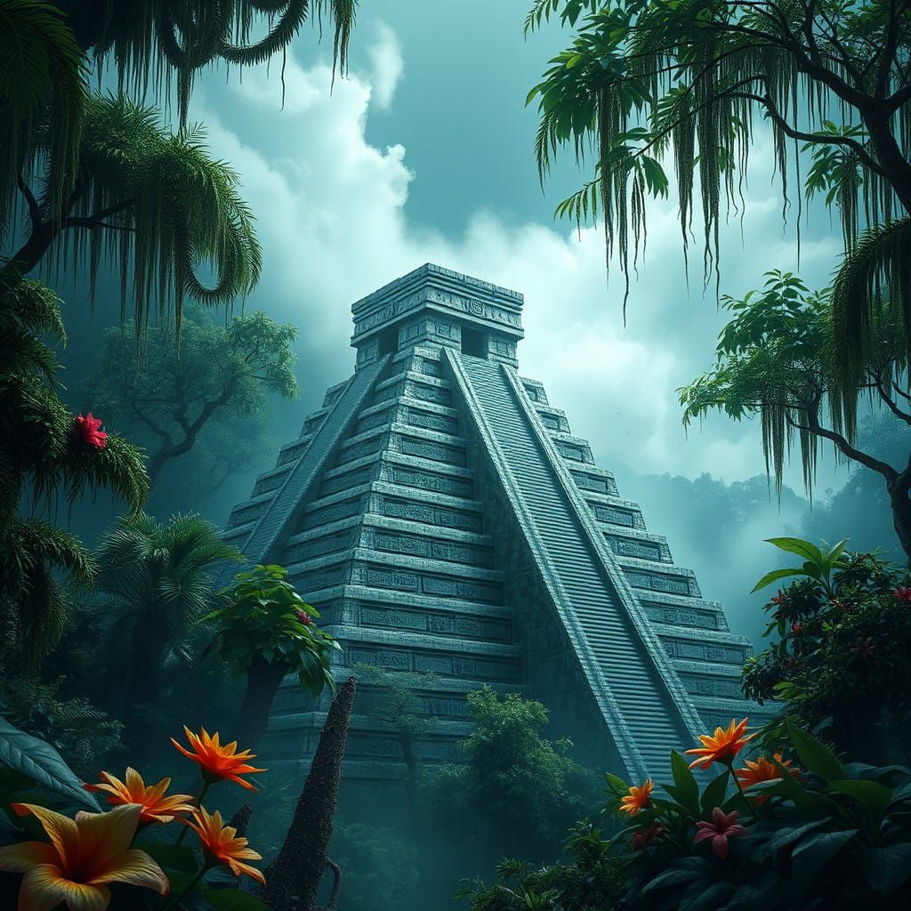 Ancient Mesoamerican Pyramid in Vibrant Jungle Paradise