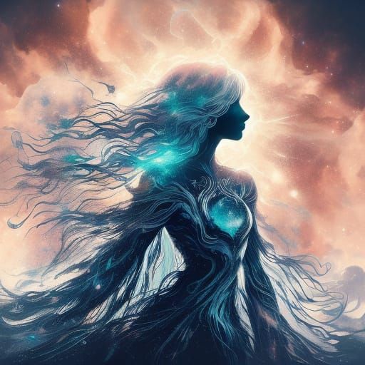 Celestial Goddess Embodies Cosmic Energy in Art Nouveau Styl...