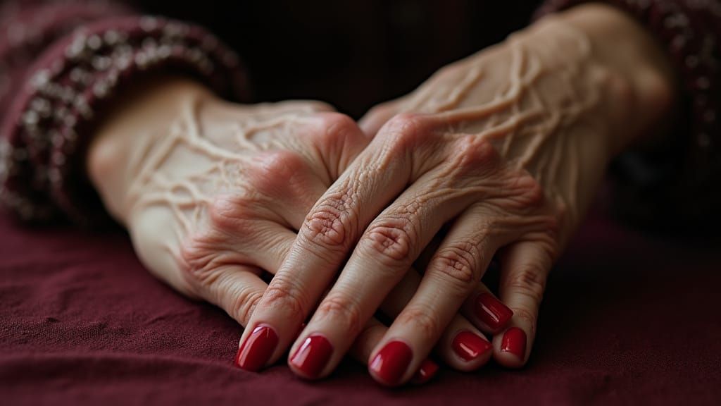 Aged Hands Receiving Crimson Manicure in Chiaroscuro Style