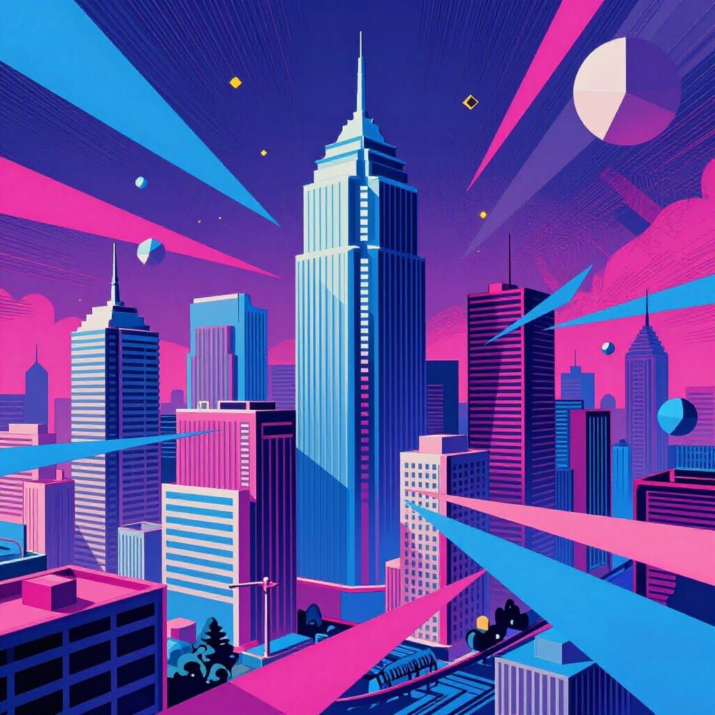 Surreal Cityscape Fusion of 3D and 2D Art Styles