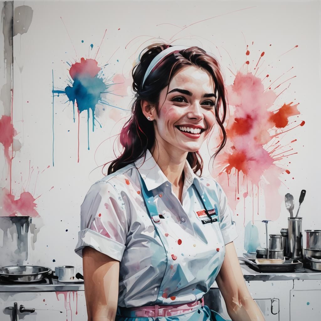 1960s Diner Waitress Portrait in Watercolor Style