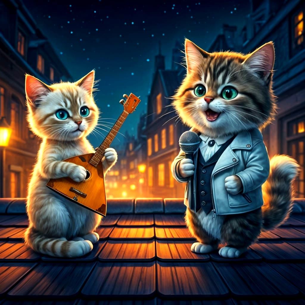 Cute Cartoon Cats Play Music on a Nighttime Rooftop