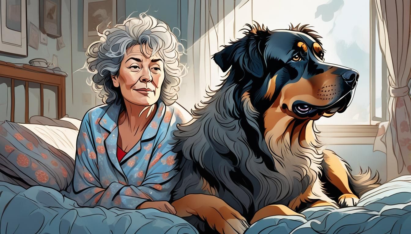 Woman and Dog Wake Up, Cel-Shaded Digital Art